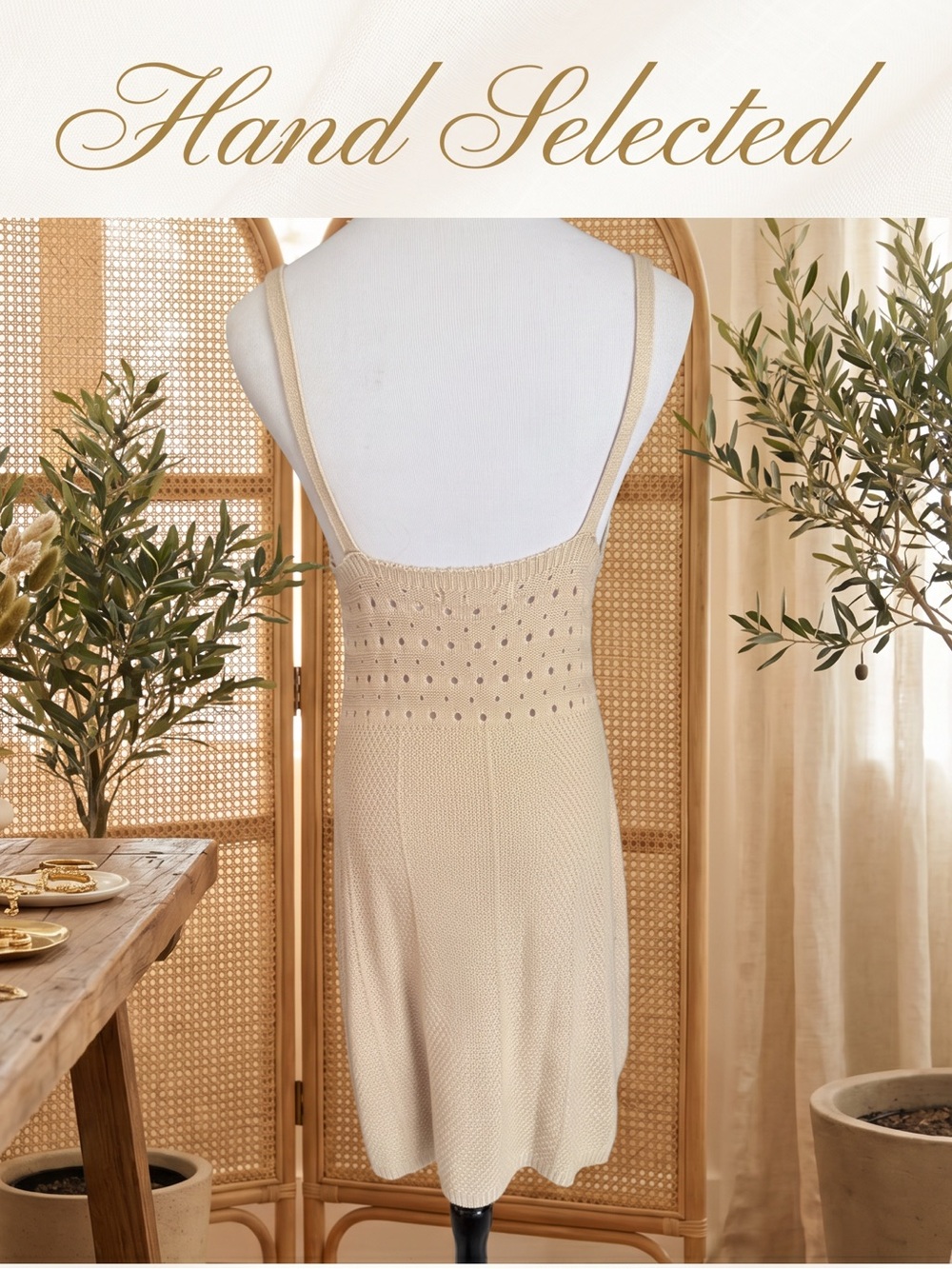 No Comment NY-LA Cream Knit Bodycon Mini Dress Eyelet Waist Quiet Luxury M
